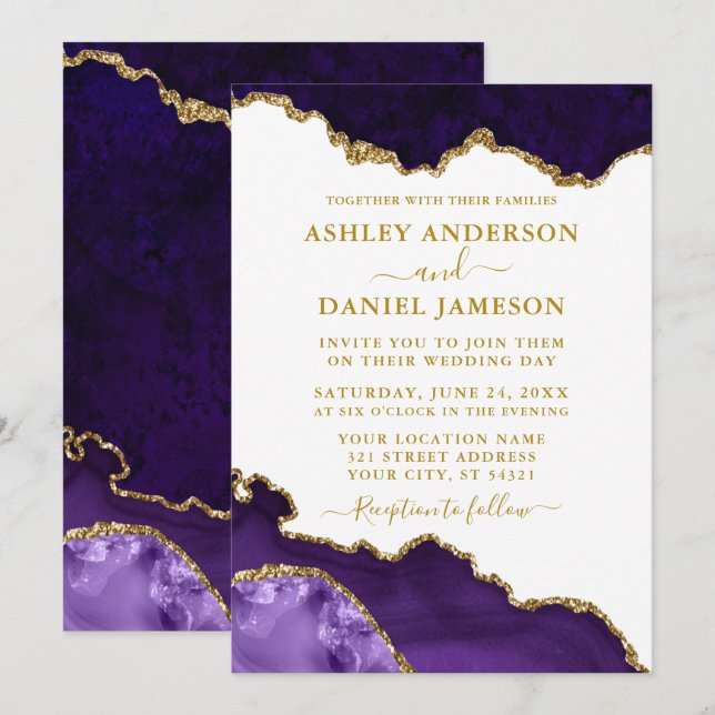 Watercolor Purple White Gold Marble Geode Wedding Invitation (Front/Back)