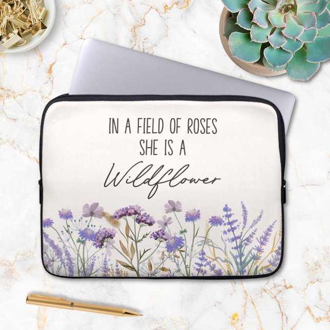 Watercolor Purple Wildflower Garden Nature Quote Laptop Sleeve (In situ on marble table)