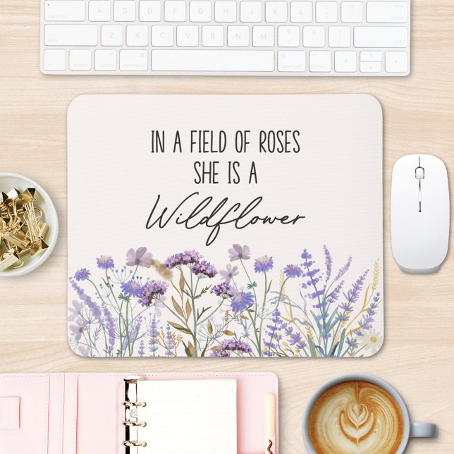 Watercolor Purple Wildflower Garden Nature Quote Mouse Mat (In situ office desk)