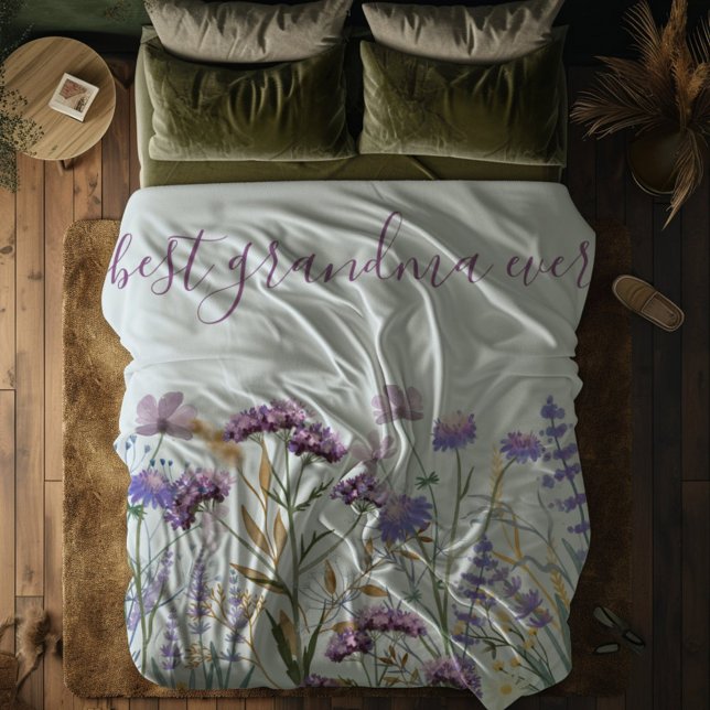 Watercolor Purple Wildflower Meadow Quote Fleece Blanket (In situ)