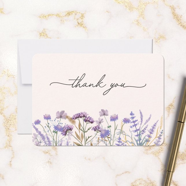 Watercolor Purple Wildflower Meadow Thank You Card (In situ marble table)