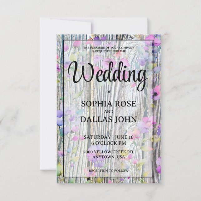 Watercolor purple wildflower rustic wedding  invitation (Front)