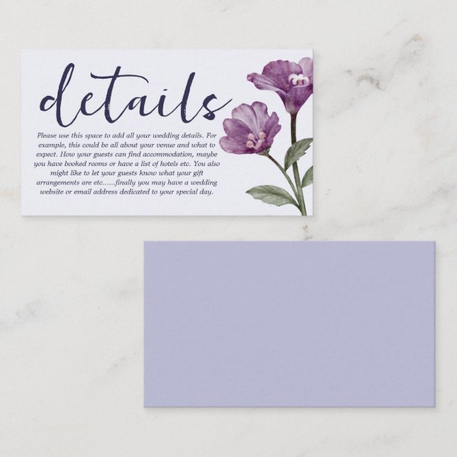 Watercolor Purple Wildflower Wedding Details Enclosure Card (Front/Back)