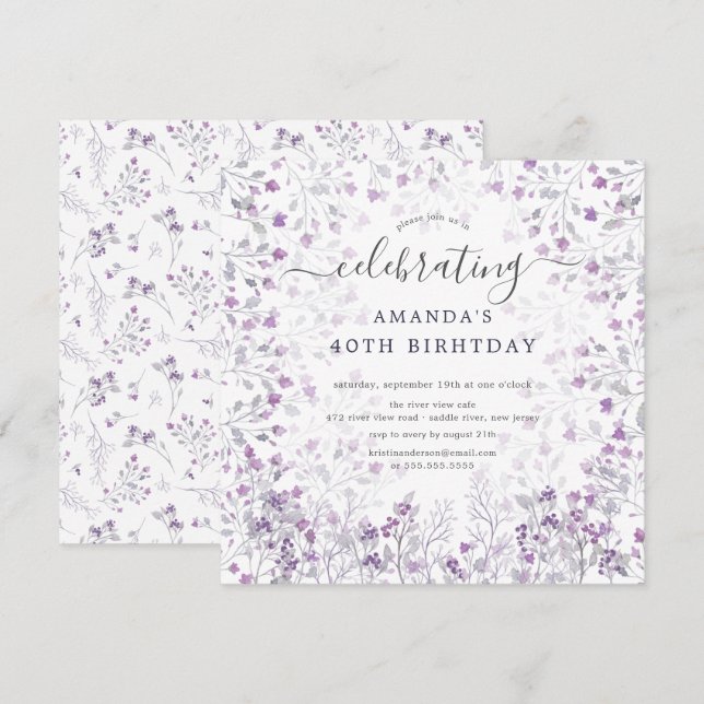Watercolor Purple Wildflowers Birthday Party Invit Invitation (Front/Back)