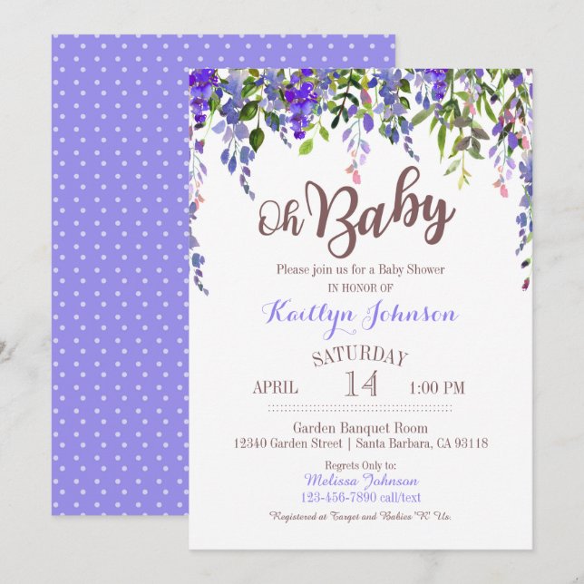 Watercolor Purple Wisteria Modern Baby Shower Invitation (Front/Back)