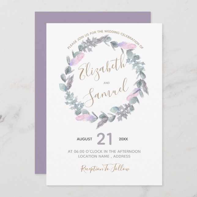 Watercolor purple wreath Wedding Invitation (Front/Back)