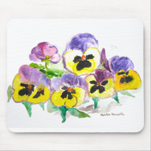 Watercolor Purple Yellow Pansies Floral Rustic Mouse Mat