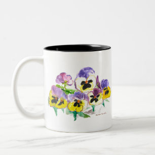 Watercolor Purple Yellow Pansies Floral Rustic Two-Tone Coffee Mug