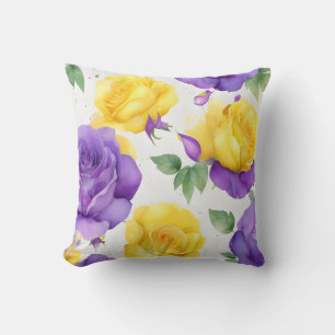 Watercolor Purple Yellow Rose  Cushion