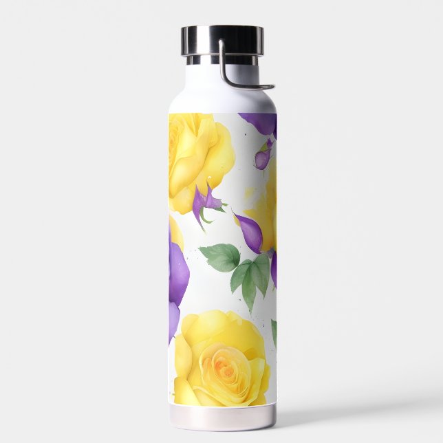 Watercolor Purple Yellow Rose  Water Bottle (Left)
