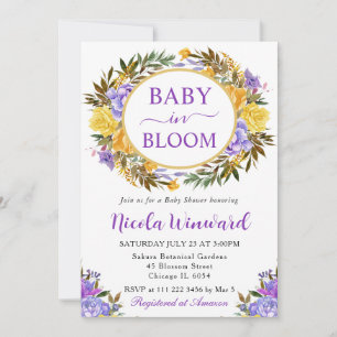 Watercolor Purple Yellow Wreath Baby Shower Invitation