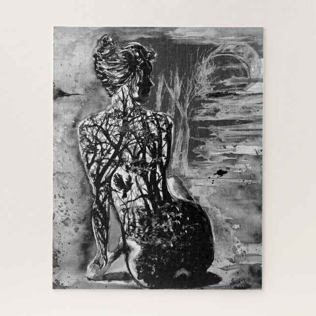 Watercolor Puzzle Nature Lady Black and White  (Vertical)