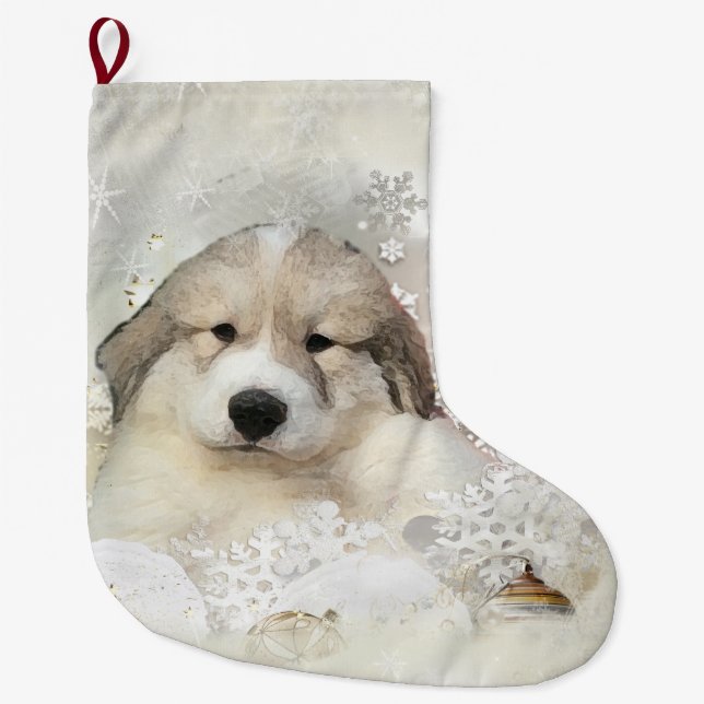 Watercolor Pyr Pup Large Christmas Stocking (Front)