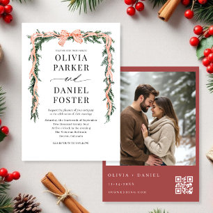 Watercolor QR Code Photo Bow Christmas Greenery Invitation