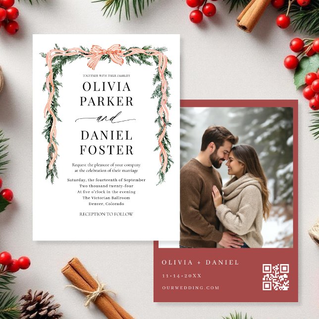 Watercolor QR Code Photo Bow Christmas Greenery Invitation (Creator Uploaded)
