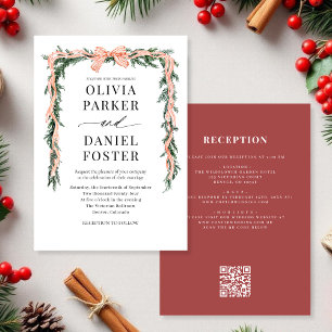 Watercolor QR Code Red Bow Christmas Greenery Invitation