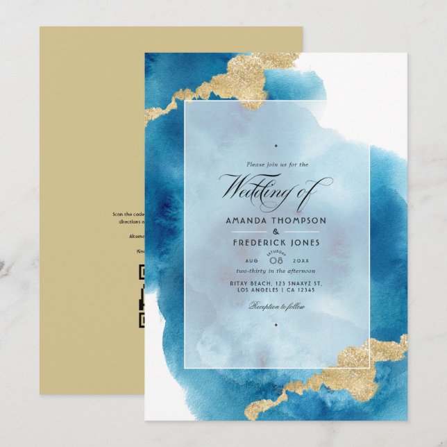 Watercolor QR Code RSVP Beach Wedding Invitation (Front/Back)