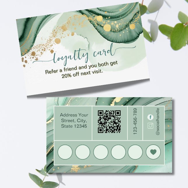 Watercolor Qr Code Sage Green Gold  Loyalty Card (Creator Uploaded)