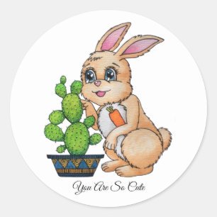 Watercolor Rabbit And Cute Cactus Classic Round Sticker