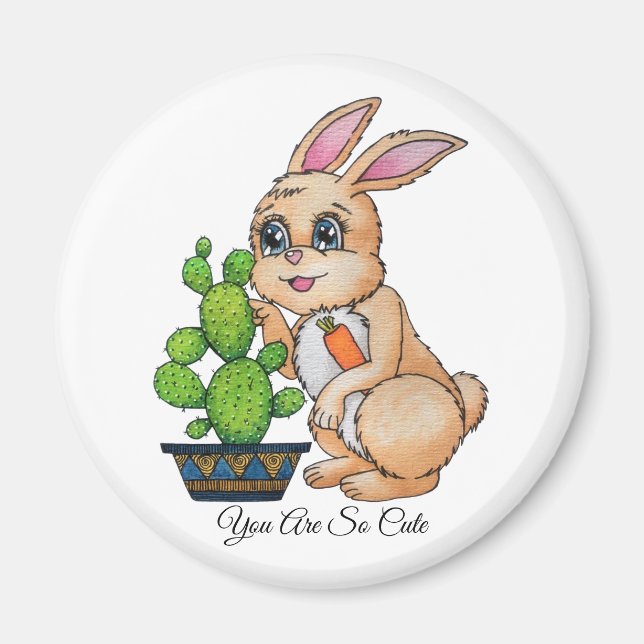 Watercolor Rabbit And Cute Cactus Magnet (Front)
