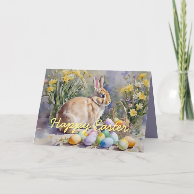 Watercolor Rabbit and Eggs Easter Greeting Card (Front)