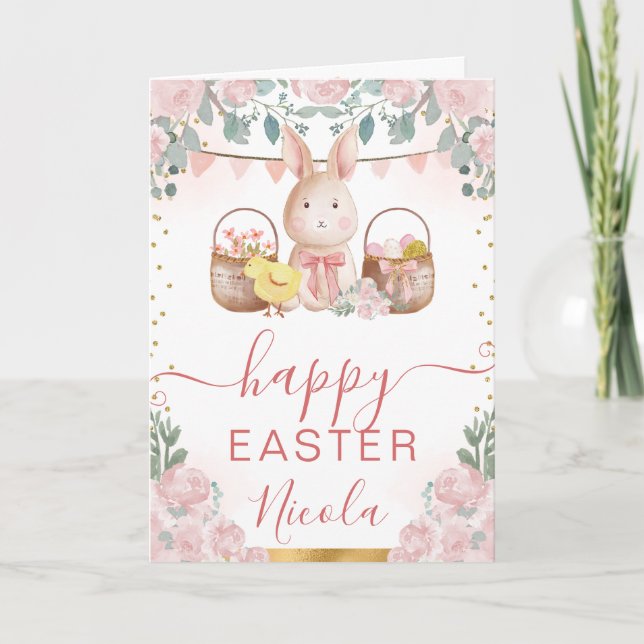 Watercolor Rabbit and Flowers Happy Easter Card (Front)