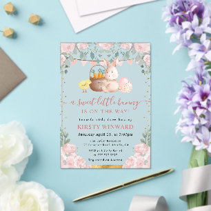 Watercolor Rabbit and Pink Flowers Baby Shower Acrylic Invitations
