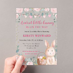 Watercolor Rabbit and Pink Flowers Baby Shower Acrylic Invitations