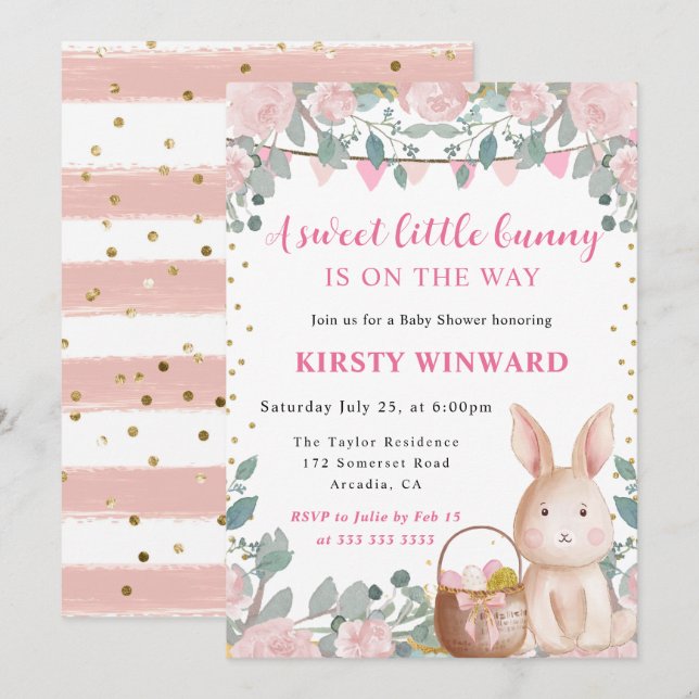 Watercolor Rabbit and Pink Flowers Baby Shower Invitation (Front/Back)