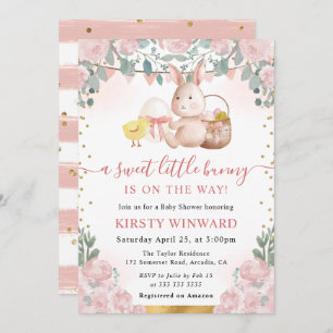 Watercolor Rabbit and Pink Flowers Baby Shower Invitation