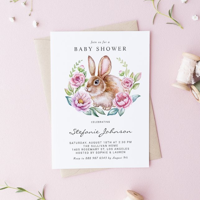 Watercolor Rabbit and Pink Flowers Baby Shower Invitation Postcard (Customizable baby shower invitation postcard featuring a watercolor rabbit with pink floral wreath. )