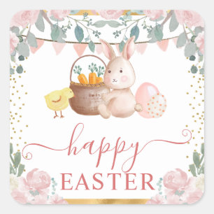 Watercolor Rabbit and Pink Flowers Square Sticker