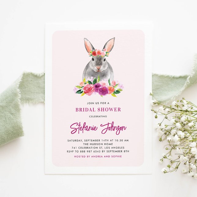 Watercolor Rabbit and Purple Flowers Bridal Shower Invitation (Creator Uploaded)