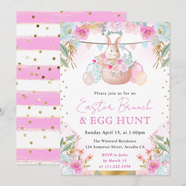 Watercolor Rabbit and Spring Flowers Easter Invitation (Front/Back)