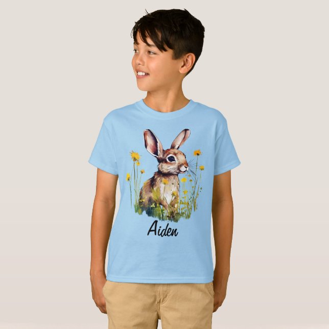 Watercolor Rabbit between Yellow Flowers T-Shirt (Front Full)