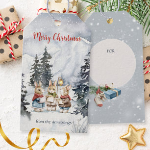 Watercolor Rabbit Carolers Cottagecore Holiday Gift Tags