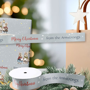 Watercolor Rabbit Carolers Cottagecore Satin Ribbon