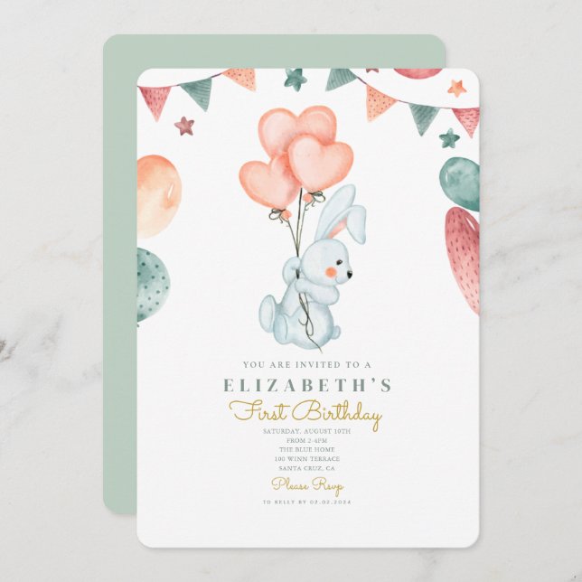 Watercolor Rabbit Cute  Baloons 1st Birthday  Invitation (Front/Back)