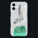 Watercolor Rabbit in Sweater Grey Personalised iPhone 16 Plus Case<br><div class="desc">Trendy bunny in sweater art on custom colour background.</div>