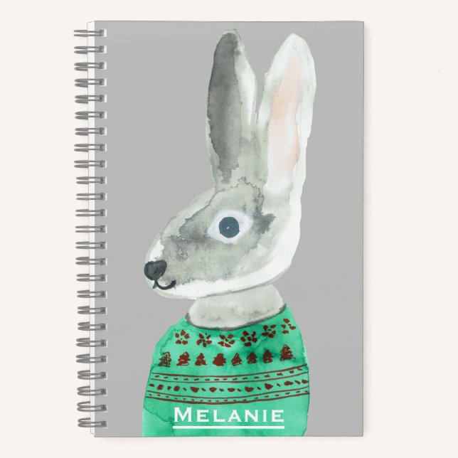 Watercolor Rabbit in Sweater Grey Personalised Notebook (Front)