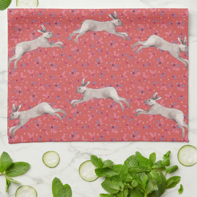 Watercolor Rabbit Red Floral Kitchen Towel (Folded)