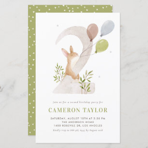 Watercolor Rabbit Second Birthday Invitatation
