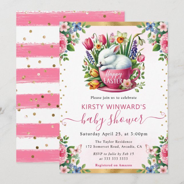 Watercolor Rabbit Spring Flowers Baby Shower Invitation (Front/Back)