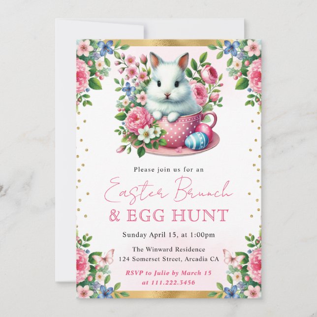 Watercolor Rabbit Spring Flowers Easter Brunch Invitation (Front)