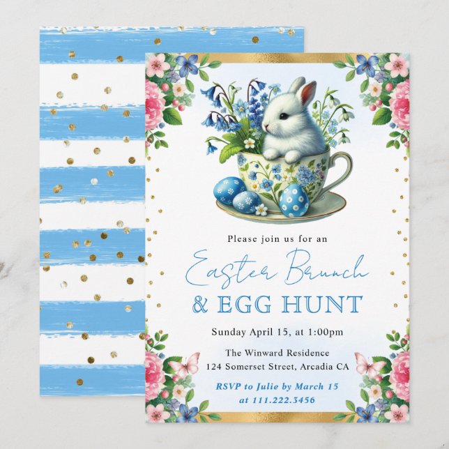 Watercolor Rabbit Spring Flowers Easter Brunch Invitation (Front/Back)