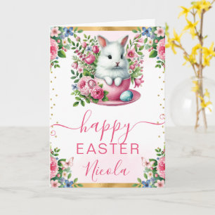Watercolor Rabbit Spring Flowers Happy Easter Card