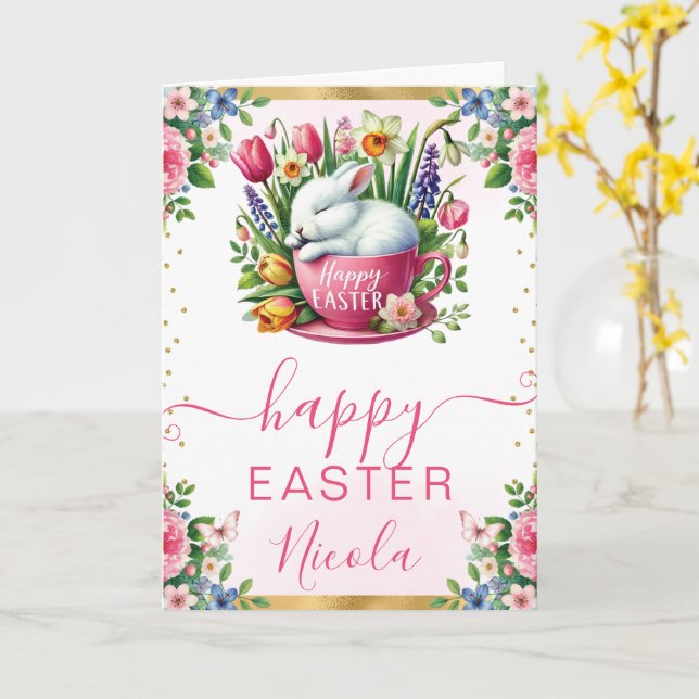 Watercolor Rabbit Spring Flowers Happy Easter Card (Yellow Flower)