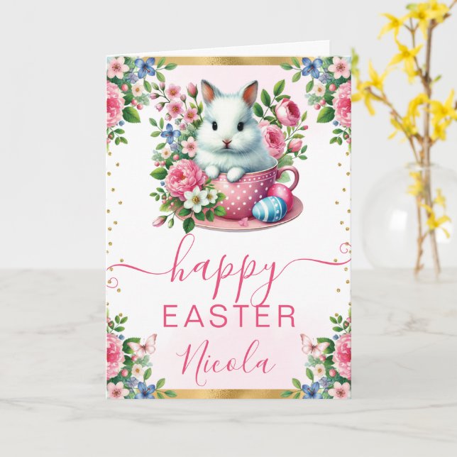 Watercolor Rabbit Spring Flowers Happy Easter Card (Yellow Flower)