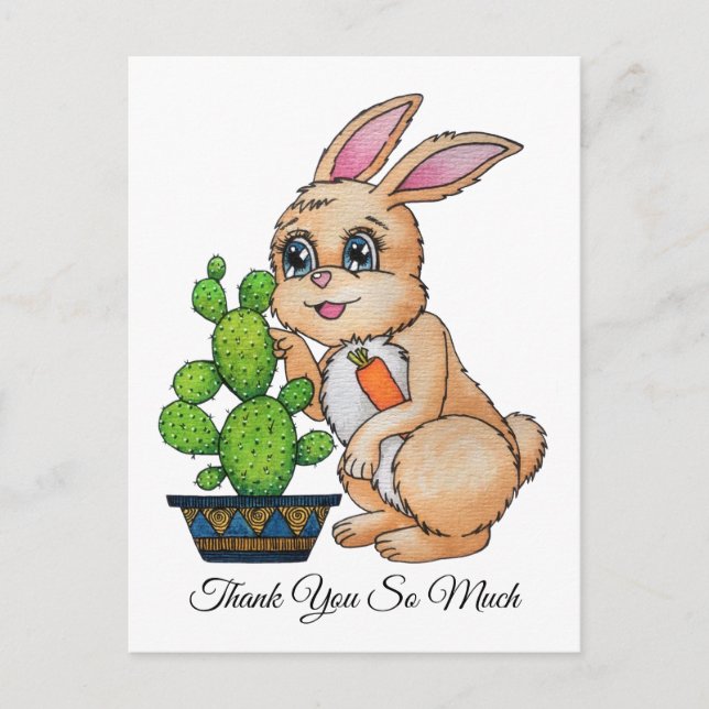 Watercolor Rabbit With Cute Cactus Postcard (Front)