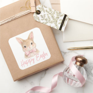 Watercolor Rabbit with Pink Bow  Cute Easter Bunny Square Sticker